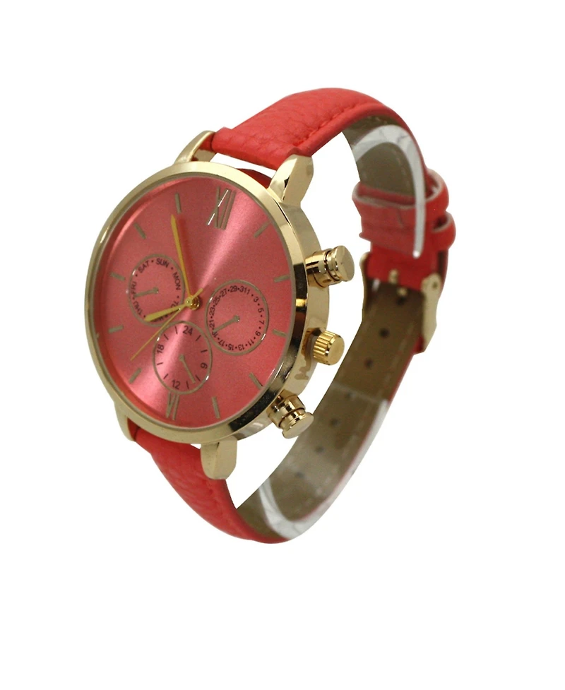 Olivia Pratt Coral Pink Three Subdial Gold Accented Leather Strap Watch