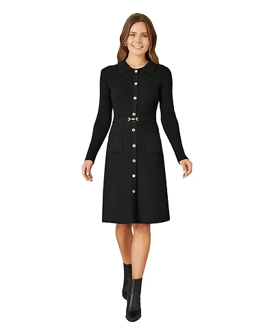 Yumi Women's Belted Rib Knit Midi Dress With Pockets