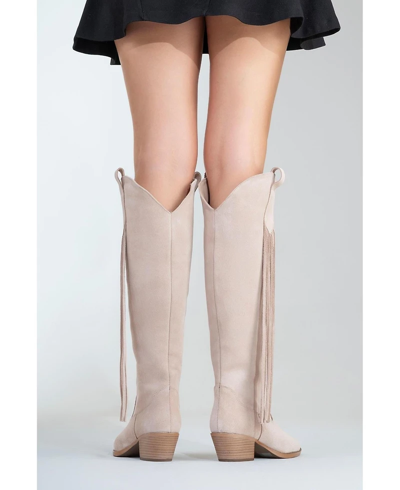 Forever & Always Shoes Rios Leather Fringe Knee High Boot (Women)