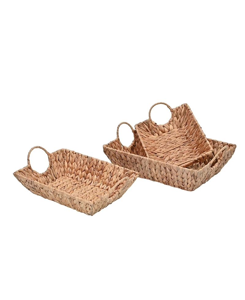 Hand-Woven Hyacinth Rectangular Decorative Basket Trays with Handles (Set of 3)