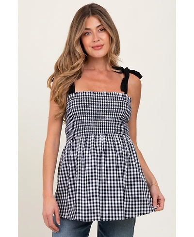 Pinkblush Maternity Black Gingham Smocked Shoulder Tie Top
