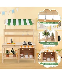 Gymax Kids Mud Kitchen Outdoor Wooden Pretend Play Kitchen w/ 4 Stoves, Canopy Faucet