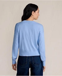 Lands' End Women's Cropped Placed Jacquard Fine Gauge Crew Neck Cardigan Sweater