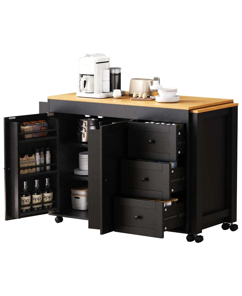 Streamdale Kitchen Island w/ Extendable Table, 3 Drawers, Outlet, Wheels, Spice Rack - Black