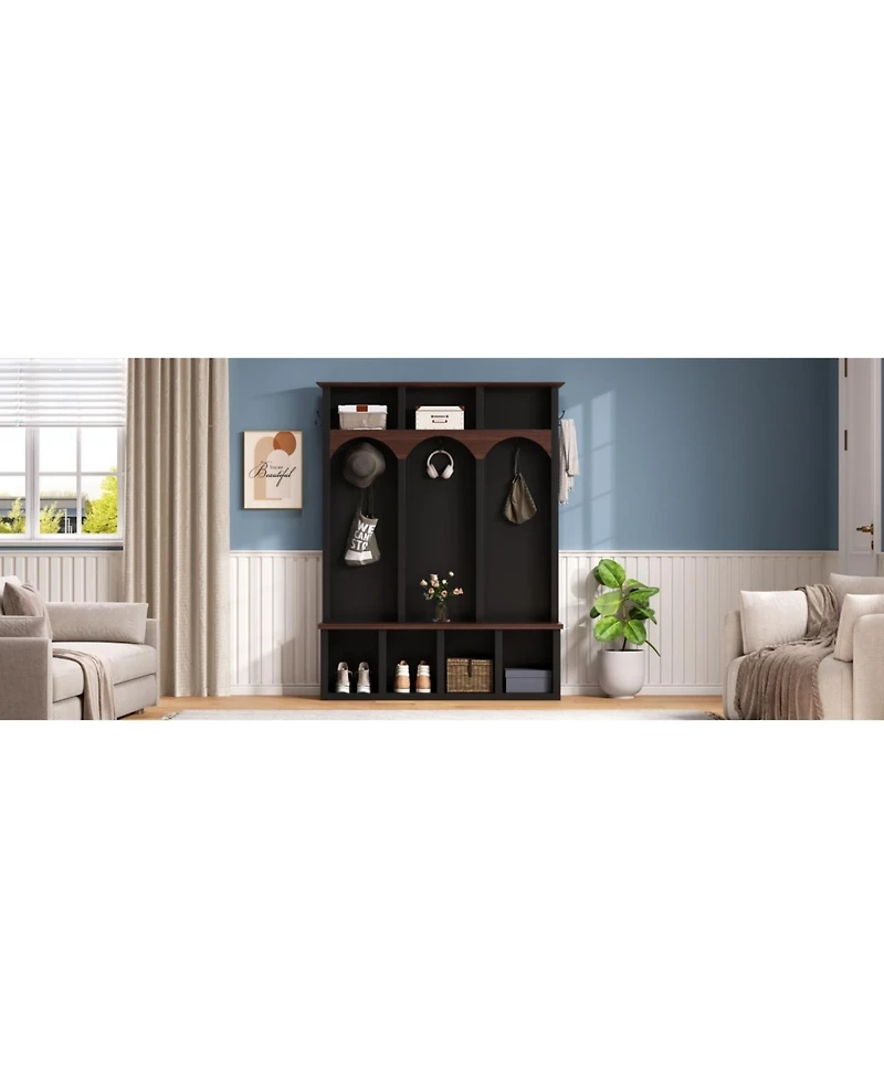 Streamdale Farmhouse Hall Tree Bench Shoe Cabinet - Walnut & Black