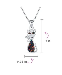 Bling Jewelry Cute Sweet Animal Pet Sitting Kitten Kitty Kat Curious Black Created Opal Cat Dangle Necklace Pendant .925 Sterling Silver