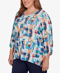 Alfred Dunner Plus Saratoga Springs Tile Print Colorblock Textured Top