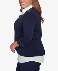 Alfred Dunner Plus Saratoga Springs Metallic Studded Textured Two One Sweater