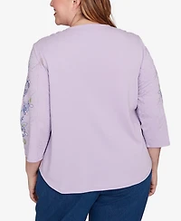 Alfred Dunner Plus Hilton Head Embroidered Sleeve Textured Top with Necklace