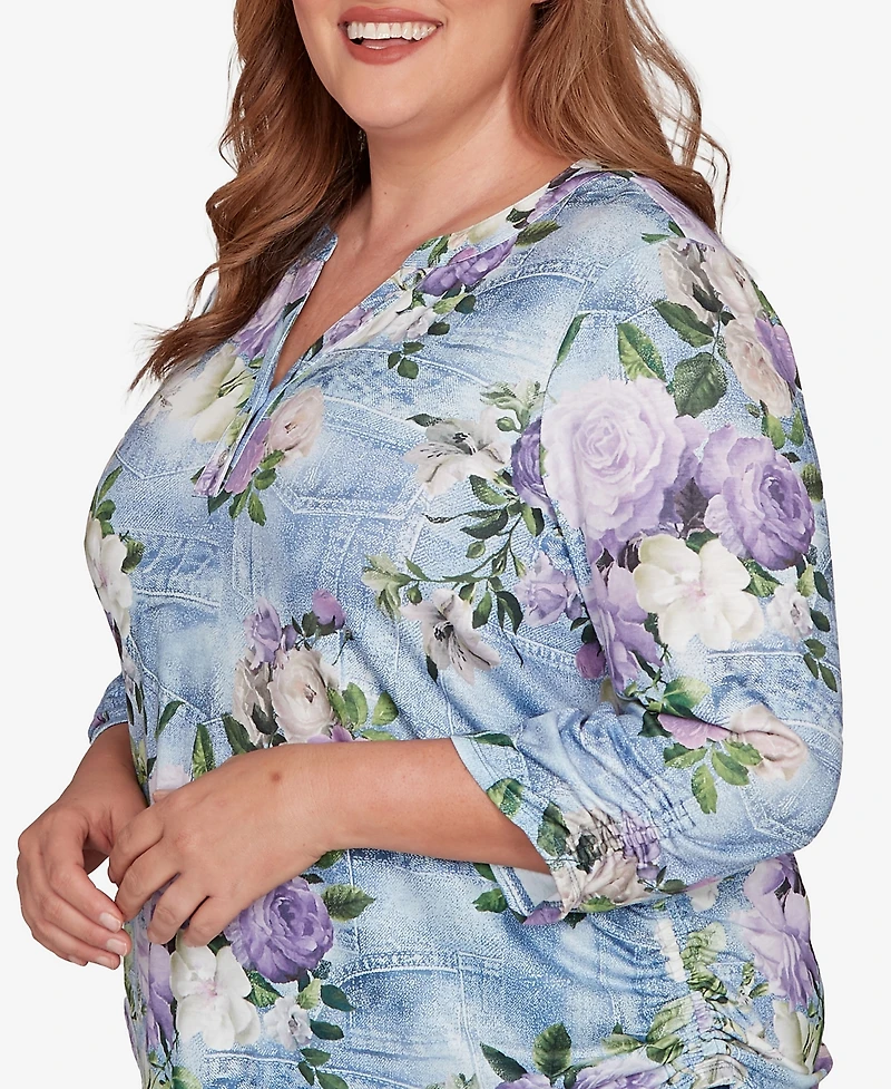 Alfred Dunner Plus Hilton Head Denim Floral Applique Henley Top