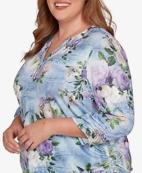 Alfred Dunner Plus Hilton Head Denim Floral Applique Henley Top