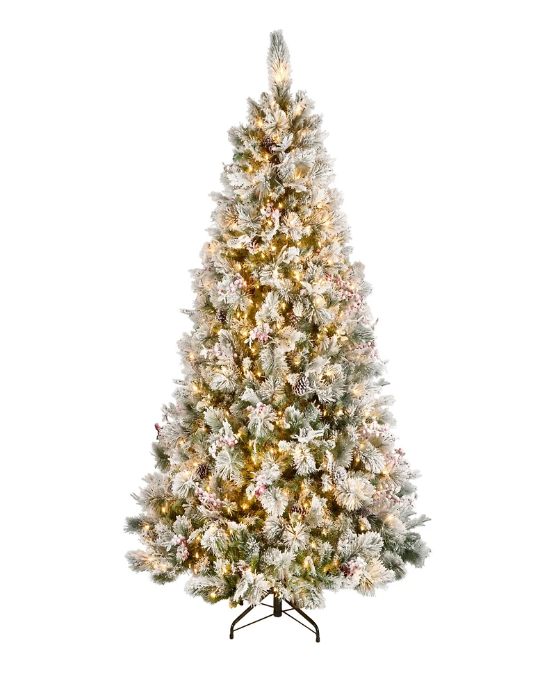 National Tree Company 7.5' Snowy Bedford Pine Tree with Red Berries, Cedar Leaves, Mixed Cones 700 Clear Lights
