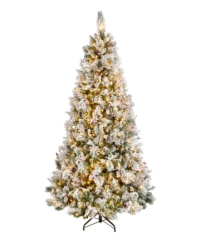 National Tree Company 7.5' Snowy Bedford Pine Tree with Red Berries, Cedar Leaves, Mixed Cones 700 Clear Lights