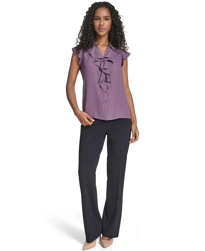 Calvin Klein Petite Solid Cap Sleeve Ruffle Front Top