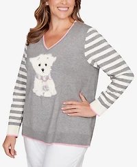 Ruby Rd. Plus Maltese Puppy Striped Sleeve Sweater