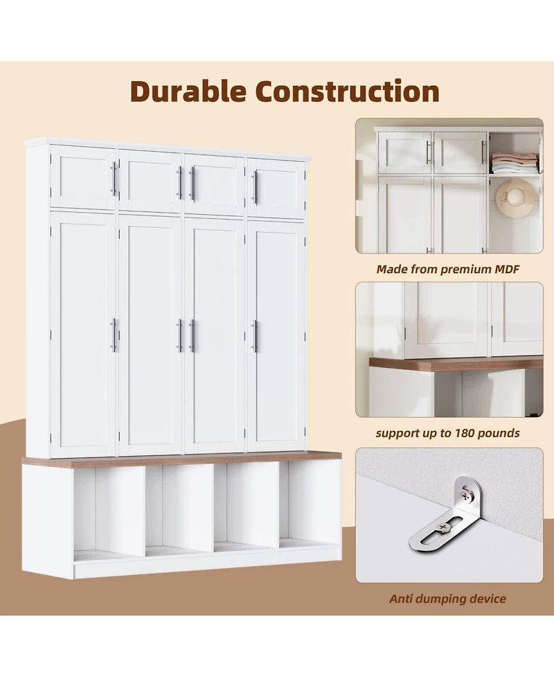 Streamdale Farmhouse Hall Tree Bench, Hidden Hooks, Shoe Cabinet - White