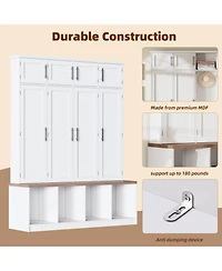 Streamdale Farmhouse Hall Tree Bench, Hidden Hooks, Shoe Cabinet - White