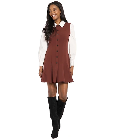 London Times Women's Collared Pleated Mini Dress