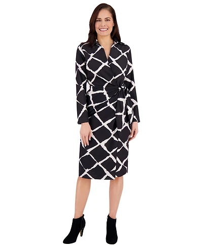 London Times Women's Collar Printed Side Tie Midi Dress