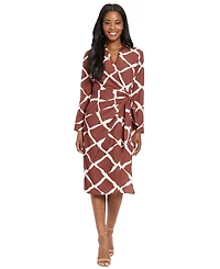 London Times Women's Collar Printed Side Tie Midi Dress