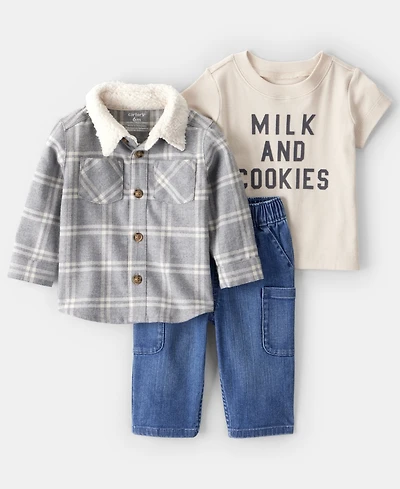 Carter's Baby Boys 3-Piece Plaid Long-Sleeve Shacket, T-Shirt and Pants Set
