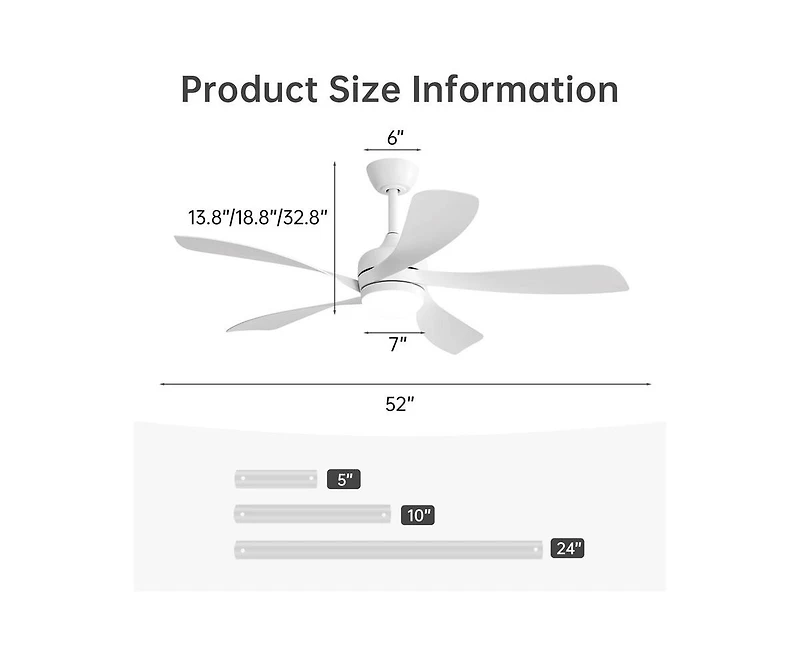 Sofucor 52-inch Modern Downrod Indoor Abs 5 Blades Led Light with Remote Control Support Six Speed Ajustable Ceiling Fan
