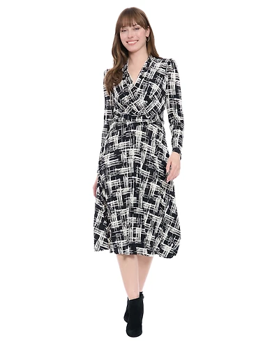 London Times Women's Printed Long-Sleeve Midi Dress