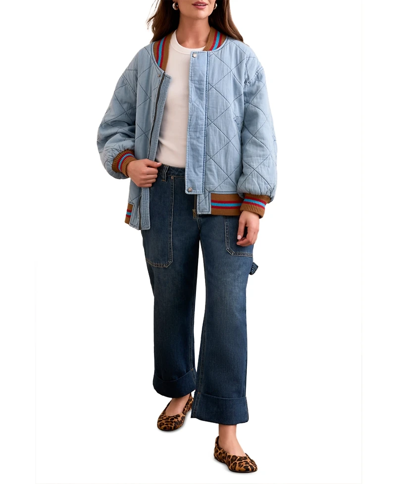 Tribal Women's Blue Thread Oversized Cotton Quilted Bomber Jacket