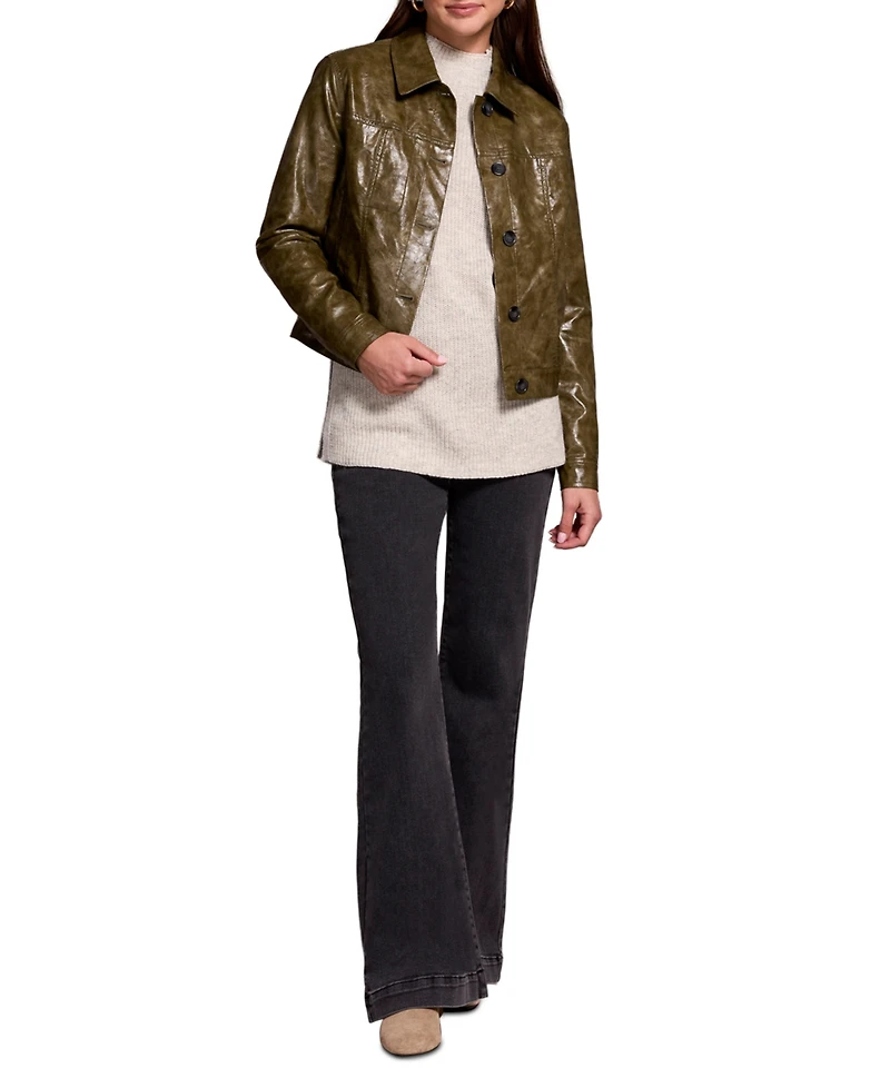 Tribal Women's Faux Leather Button-Front Collar-Accent Jacket