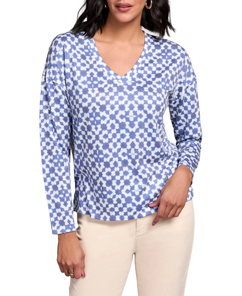 Tribal Women's Fuzzy Soft V Neck Combo Print Knit Top