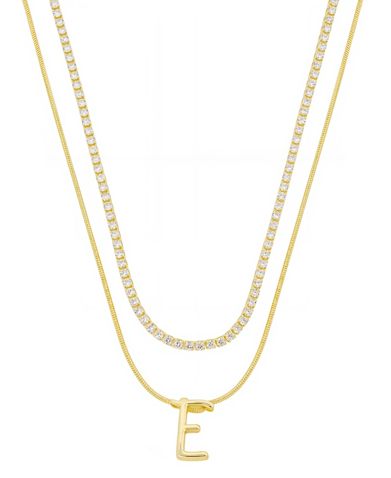 Unwritten Letter "E" Initial Snake Chain Cubic Zirconia Chain Necklace With Extender 2Pcs Set