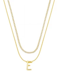 Unwritten Letter "E" Initial Snake Chain Cubic Zirconia Chain Necklace With Extender 2Pcs Set