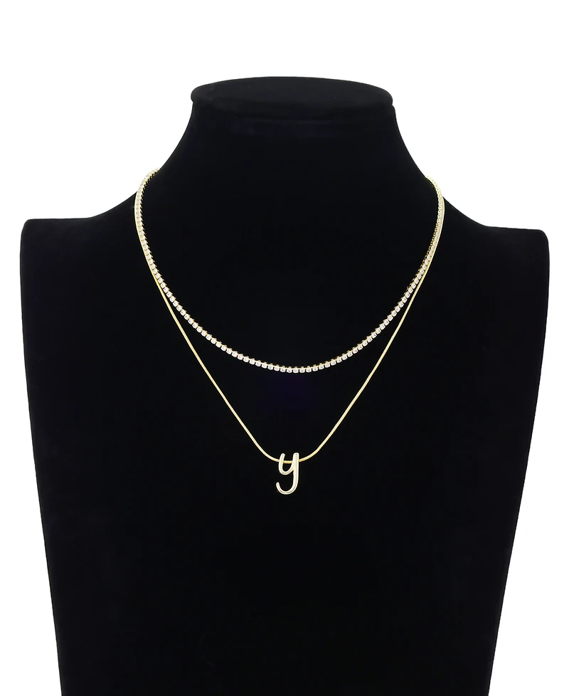 Unwritten Letter "Y" Initial Snake Chain Cubic Zirconia Chain Necklace With Extender 2Pcs Set