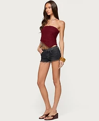 Edikted Women's Textured Asymmetric Bead Fringe Strapless Top