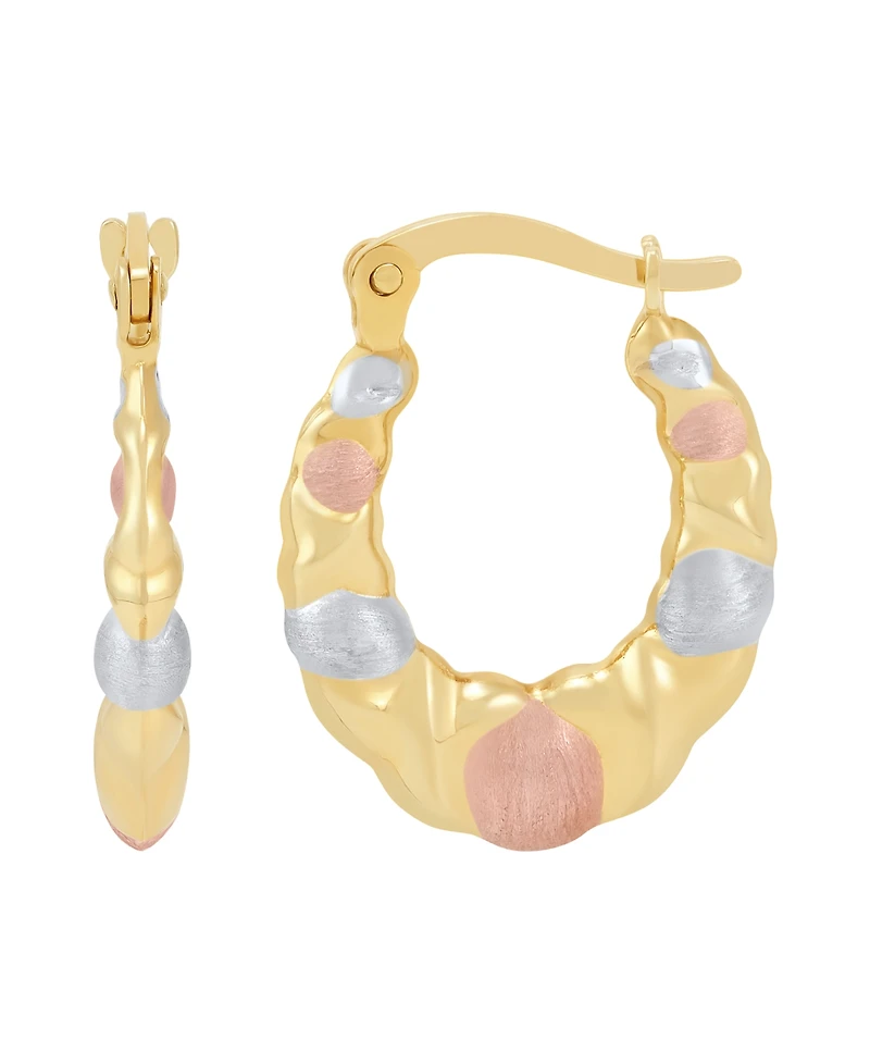 Macy's Satin Polished Triple Tone Graduated Xoxo Oval Hoop Earrings in 10K Yellow Gold, Rose Gold and Rhodium