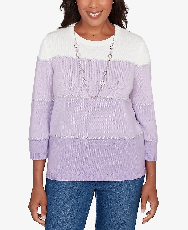 Alfred Dunner Petite Hilton Head Ombre Stripe Sweater with Necklace