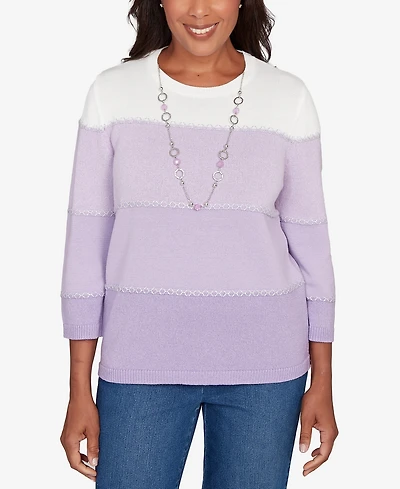 Alfred Dunner Petite Hilton Head Ombre Stripe Sweater with Necklace