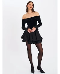 Miss Circle Women Magnolia Black Off-Shoulder Layered Satin Mini Dress