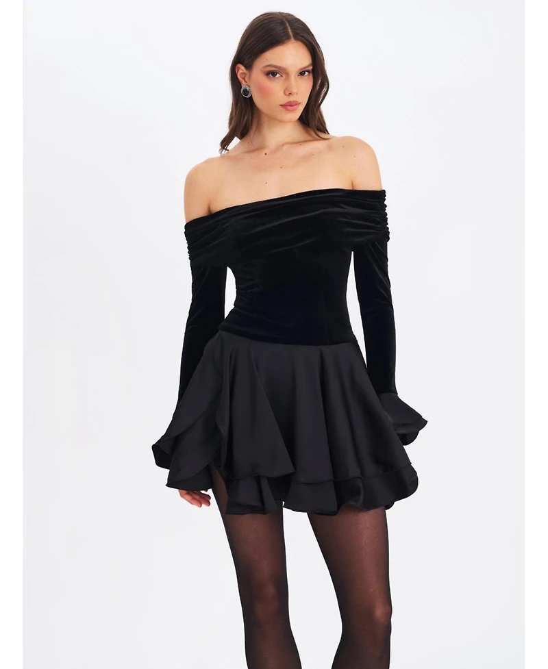 Miss Circle Women Magnolia Black Off-Shoulder Layered Satin Mini Dress