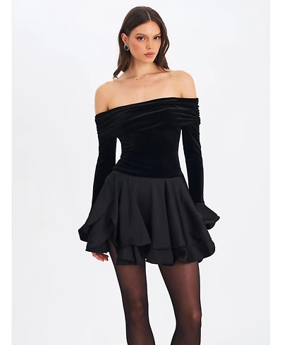 Miss Circle Women Magnolia Black Off-Shoulder Layered Satin Mini Dress
