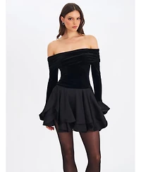 Miss Circle Women Magnolia Black Off-Shoulder Layered Satin Mini Dress