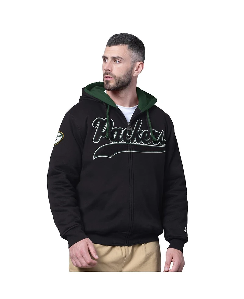 Starter Men's Black Green Bay Packers Big Shot Full-Zip Double Hoodie