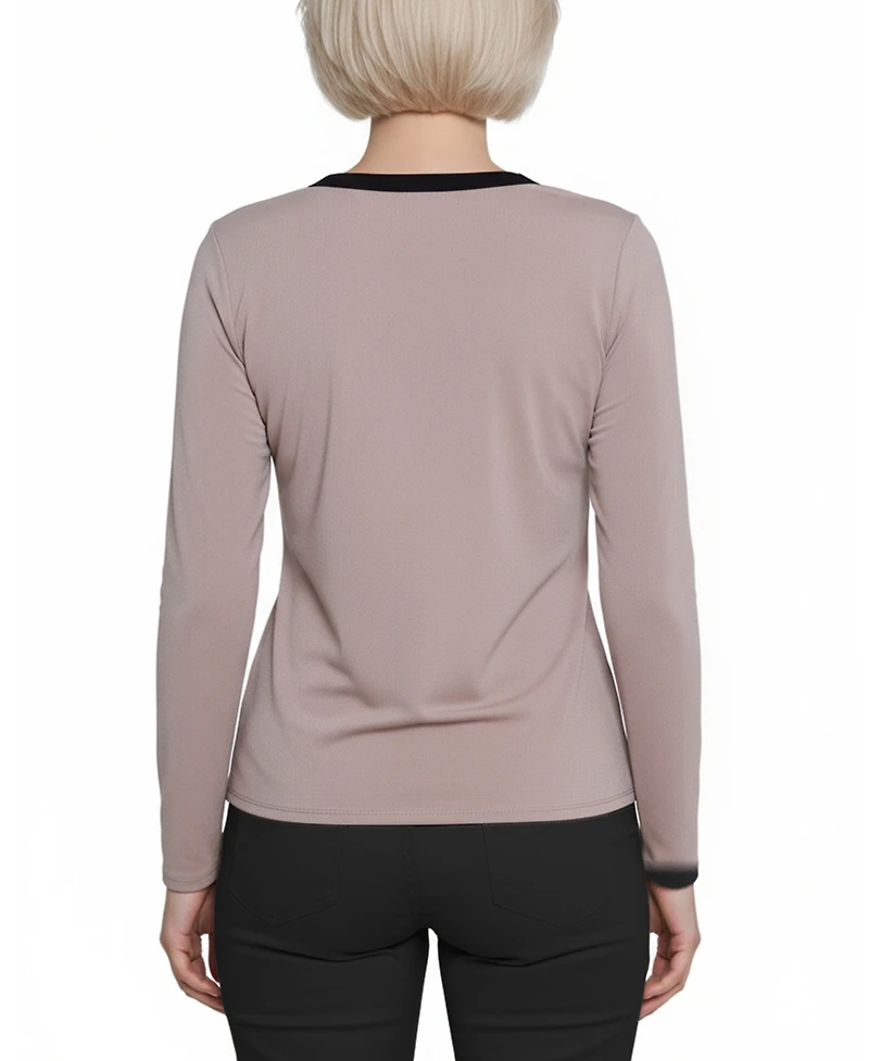 Ny Collection Petite Long Sleeve Contrast Detail Top