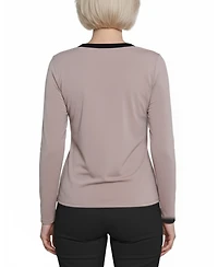 Ny Collection Petite Long Sleeve Contrast Detail Top