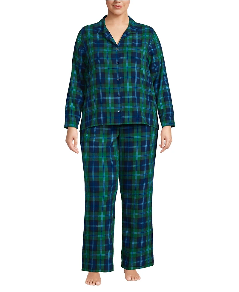 Lands' End Plus Flannel 2 Piece Pajama Set - Long Sleeve Shirt and Pants