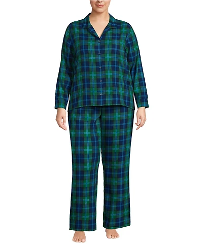Lands' End Plus Flannel 2 Piece Pajama Set - Long Sleeve Shirt and Pants