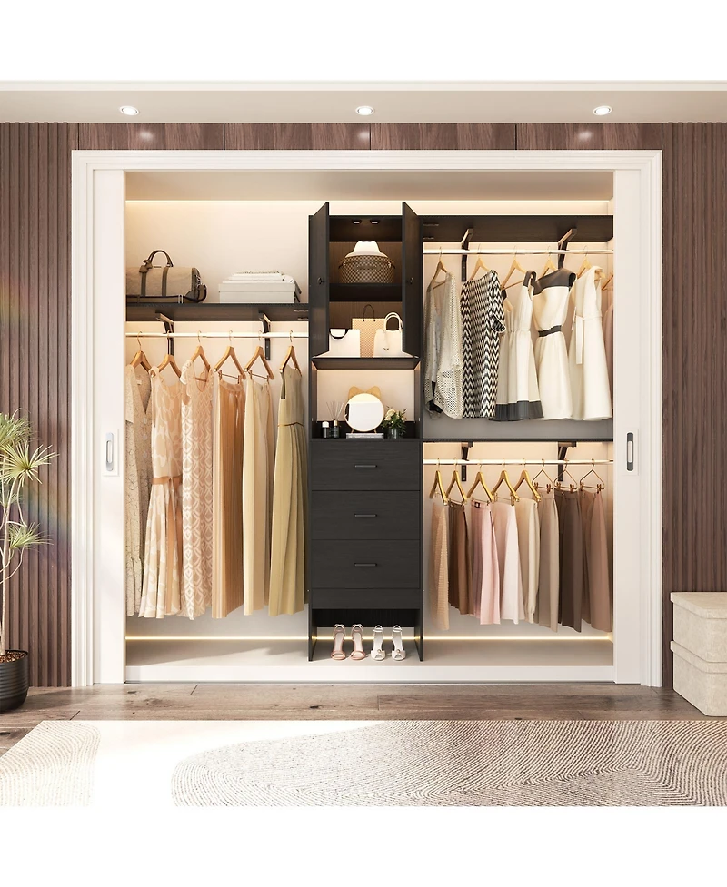 Aheaplus 96'' Closet Organizer System with 3 Wood Drawers, Shelving Towers & Hanging Rods, 8FT Doors