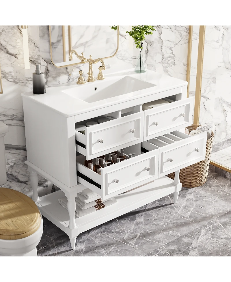 36inch Bathroom Vanity Cabinet with 4 Drawers Solid Wood Frame Bathroom Cabinet White