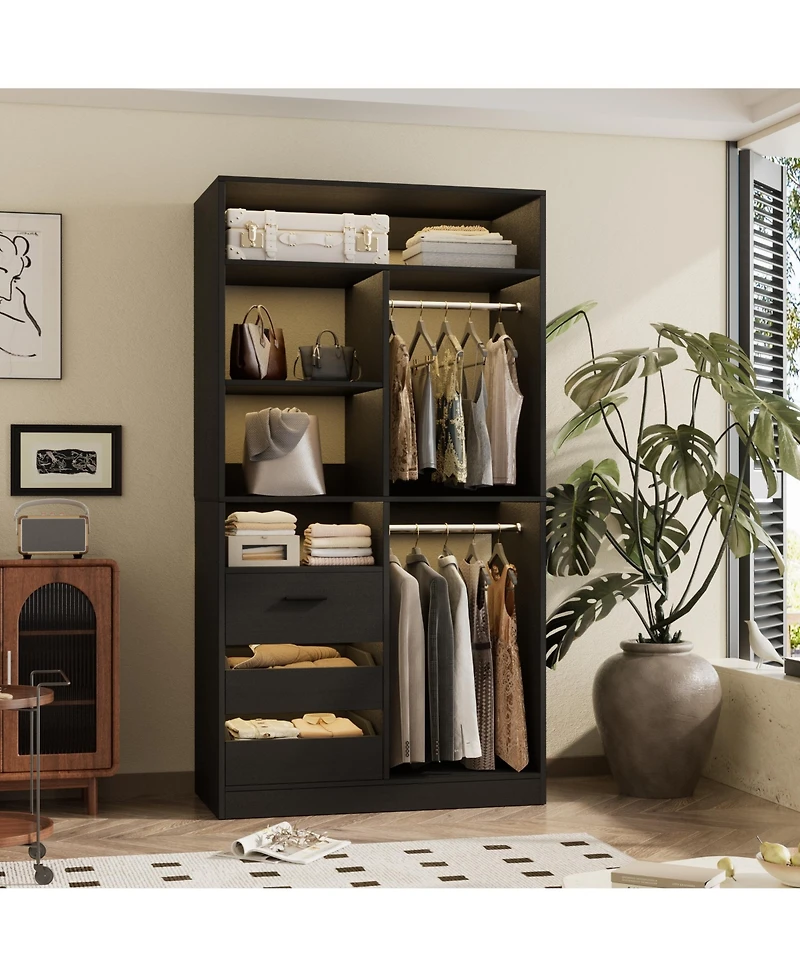 36'' Freestanding Walk-in Closet Organizer System with 3 Drawers, Heavy Duty 2 Hanging Rods & Shelves