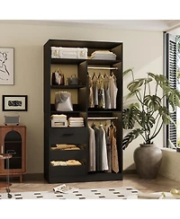 36'' Freestanding Walk-in Closet Organizer System with 3 Drawers, Heavy Duty 2 Hanging Rods & Shelves